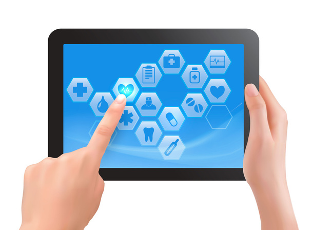 Two hands touch screen of tablet with medical icons. Vector - Vektor, kép