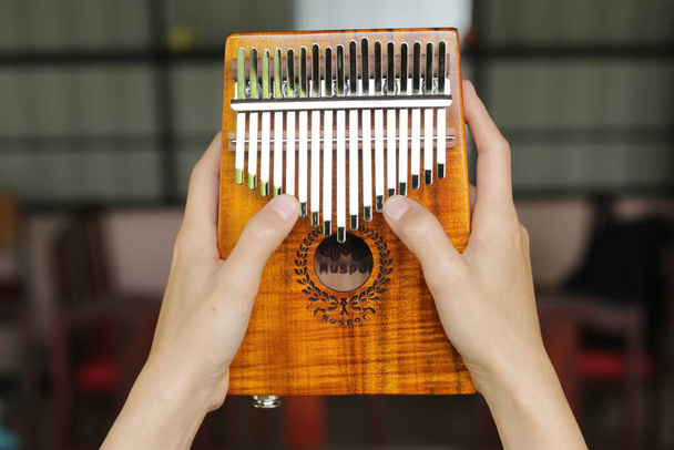 Kalimba or mbira is an African musical instrument.Traditional to the Shona people of Zimbabwe. Kalimba made from wooden board with metal, play on  hands and plucking the tines with the thumbs. Instrument in room - Photo, Image
