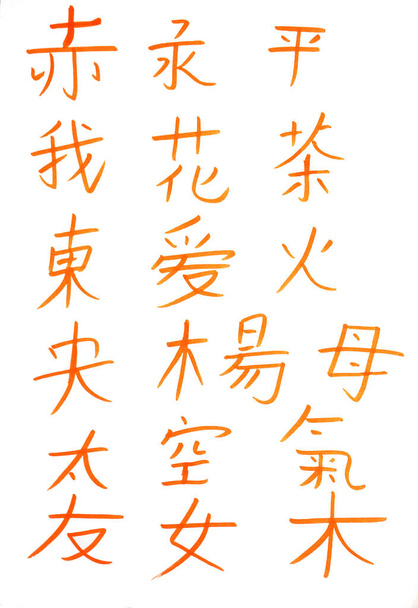 Learn Chinese alphabet and word. Hanzi and hanyu in simplified Chinese alphabet studying. Chinese hand writing on paper by human hand color writing. Good meaning words - Photo, Image