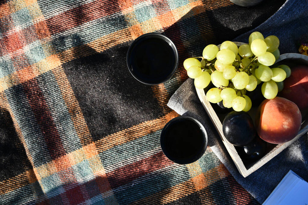 Autumn picnic tea thermos with grapes and peaches. Fruits and Tea on blanket. Outdoor lunch. Picnic with tea in a thermos. A convenient blanket to relax in the woods and Breakfast. - Photo, Image