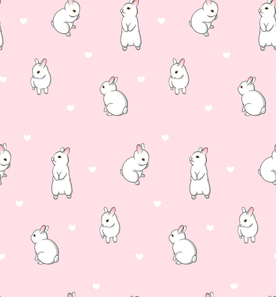 Padrão com coelhinhos bonitos e corações pequenos. Coelhinhos brancos sobre fundo rosa ilustração para têxteis ou papel de embrulho design. - Vector - Vetor, Imagem
