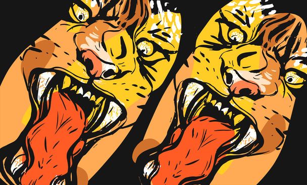 Handgetekende vector abstract grafisch uit de vrije hand getextureerde schets inkttekening van tijgers gezichten in oranje kleuren collage geïsoleerd op zwarte achtergrond - Vector, afbeelding