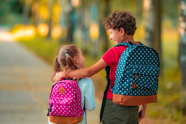 Primary school pupil. boy and girl with backpacks walking down street. Happy children happy to go back to school. beginning school year. Children in full growth, with joy went to school. rear view - Photo, Image