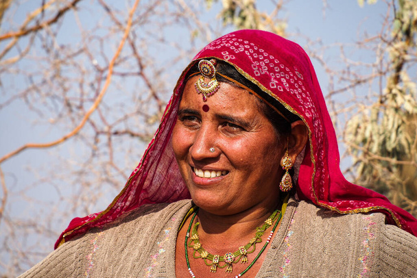 Jaisalmer, Indie - 30. prosince 2019: Krásné oblečené ženy pracující na bavlněných polích Jaisalmeru, Rajasthan - Fotografie, Obrázek