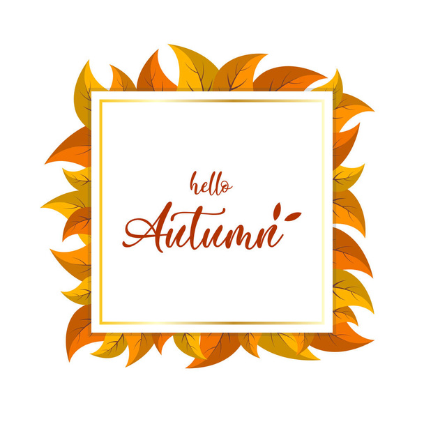 Hola Letras de otoño en la tarjeta de la pancarta cuadrada con hojas amarillas anaranjadas de otoño. Ilustración vectorial - Vector, Imagen