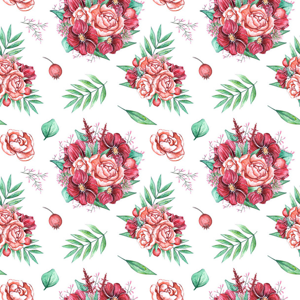 Watercolor seamless pattern with flowers drawn by hand. Floral background with bright elegant elements - peonies. anemones, leaves, etc - Photo, Image
