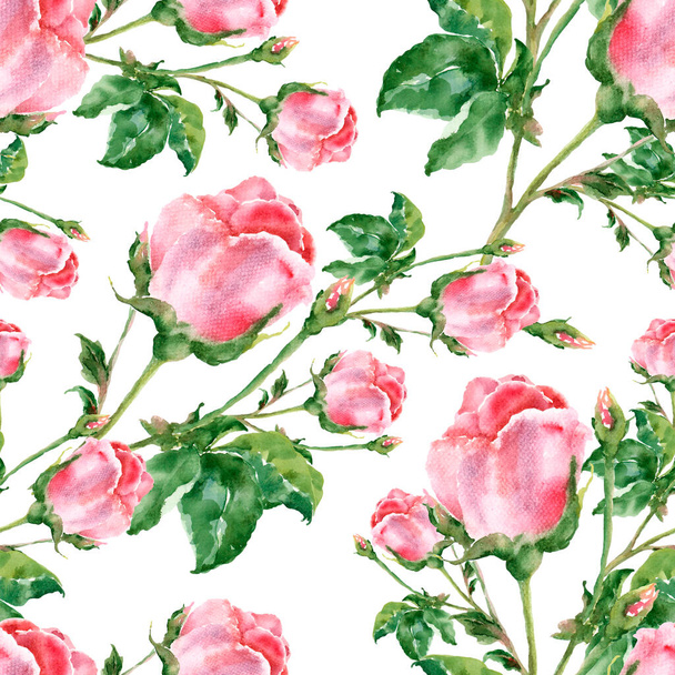Pintura de acuarela de hojas y flores rosa. Patrón sin costura sobre fondo blanco. - Foto, Imagen