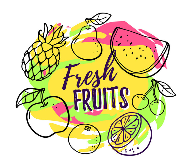Vector summer illustration of many juicy fruit with text on bright colorful background. Line art style design of fruit for poster, greeting card, print, tshirt - Vector, imagen