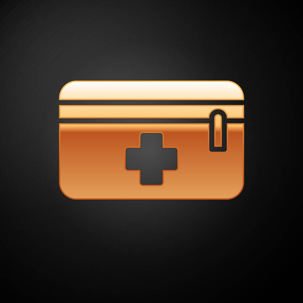 Arany elsősegély készlet ikon elszigetelt fekete háttérrel. Orvosi doboz kereszttel. Orvosi felszerelés vészhelyzet esetére. Egészségügyi koncepció. Vektorillusztráció - Vektor, kép