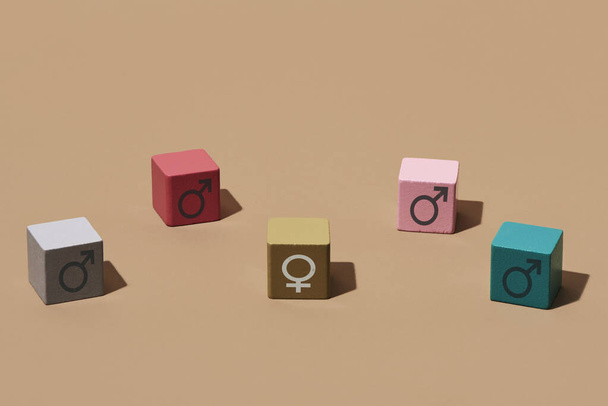 sommige bouwstenen met mannelijke gendersymbolen rond een bouwsteen met een vrouwelijk gendersymbool, op een lichtbruine achtergrond met wat lege ruimte bovenop - Foto, afbeelding