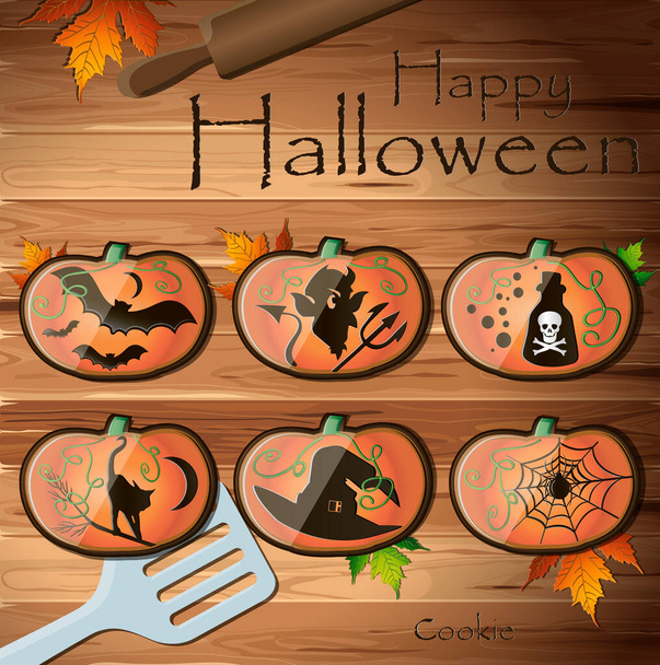 Top view of the table with cookies for Halloween. Vector illustration of a wooden table with autumn leaves and kitchen appliances. Gingerbread in the form of a pumpkin with frightening drawings of a - Вектор, зображення