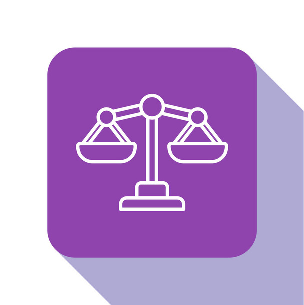 White line Scales of justice icon isolated on white background. Court of law symbol. Balance scale sign. Purple square button. Vector. - Vector, Image