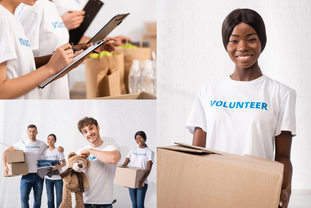 Collage von multikulturellen Freiwilligen mit Klemmbrettern, Plüschtieren und Paketen im Charity Center  - Foto, Bild