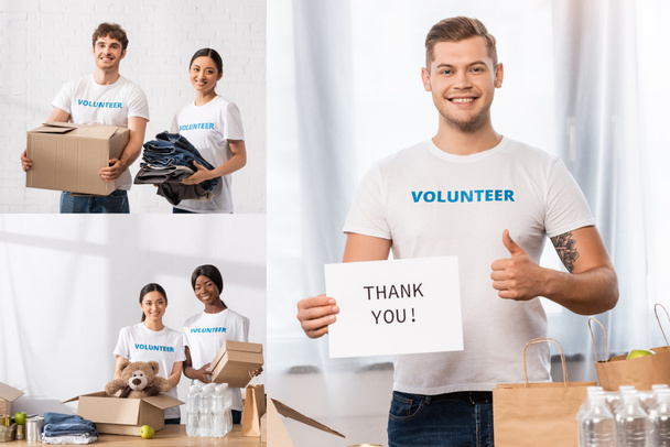 Collage de bénévoles multiethniques tenant des paquets et une carte avec lettrage de remerciement dans un centre de bienfaisance  - Photo, image