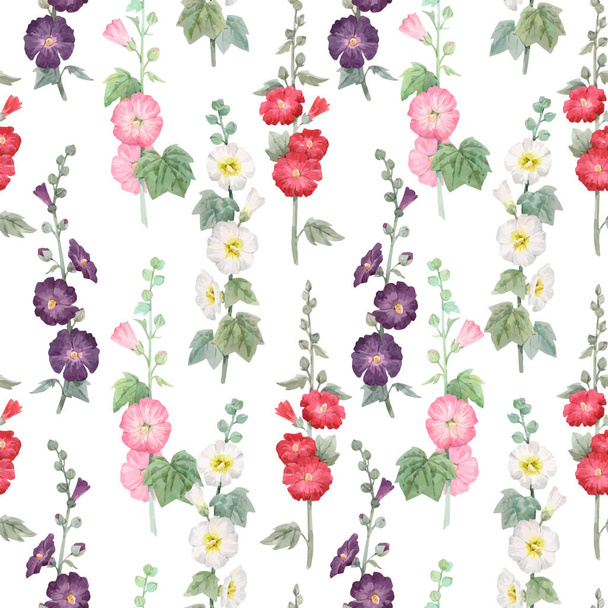 Beautiful vector seamless floral pattern with watercolor summer mallow flowers. Stock illustration. - Vector, Image