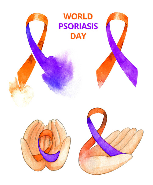 Journée du psoriasis international ruban mains maladie peau dermatologie immunisé santé traitement aquarelle isolé ensemble - Photo, image