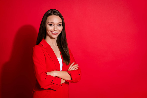 Profile photo of confident attractive business lady manager hold arms hands crossed beaming smiling good mood wear office blazer suit white shirt isolated bright red color background - Photo, Image