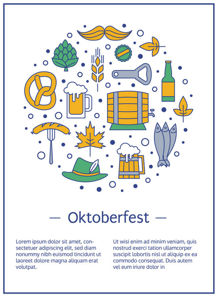 Modèle Oktoberfest design avec différentes icônes et du texte pour le festival de la bière traditionnelle allemande sur fond blanc. Bière, bretzel, houblon, tonneau, bouteille et plus de symboles - Vecteur, image