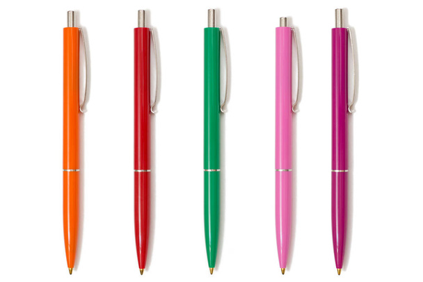 Five pens on the white isolated background. Top view. - Photo, Image