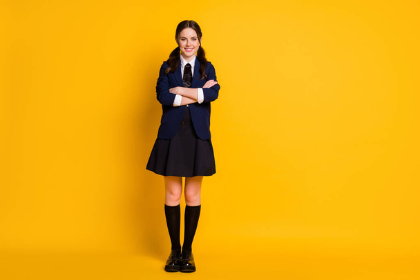 Full length photo of positive student teenager cross hands ready pas exam lecture test wear good look uniform isolated over bright shine color background - Foto, immagini