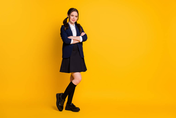 Full length photo of charming high school girl cross hands ready lean college university lecture lesson wear good look uniform isolated over vivid color background - Zdjęcie, obraz