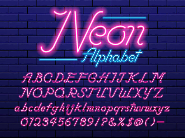 Büyük, küçük, sayılar ve sembollerle parlayan neon ışıklı alfabe tasarımı - Vektör, Görsel