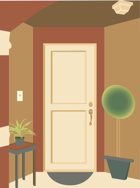 Abstract angled doorway entrance into building with plants and mat - Vector, Image