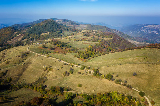 Amazing aerial autumn view of a mountain meadows and forests, Balkan Mountains, Bulgaria - Fotoğraf, Görsel