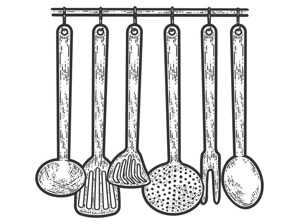 Conjunto de utensílios de cozinha de metal pendurados na parede. Sketch imitação placa de arranhão. - Foto, Imagem