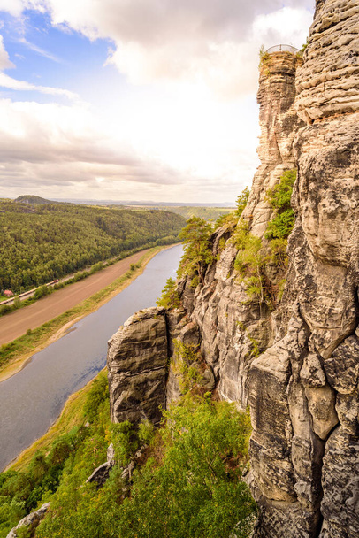 View from the bastei viewpoint of the Elbe river - beautiful landscape scenery of Sandstone mountains in Saxon Switzerland National Park, Germany - Фото, изображение