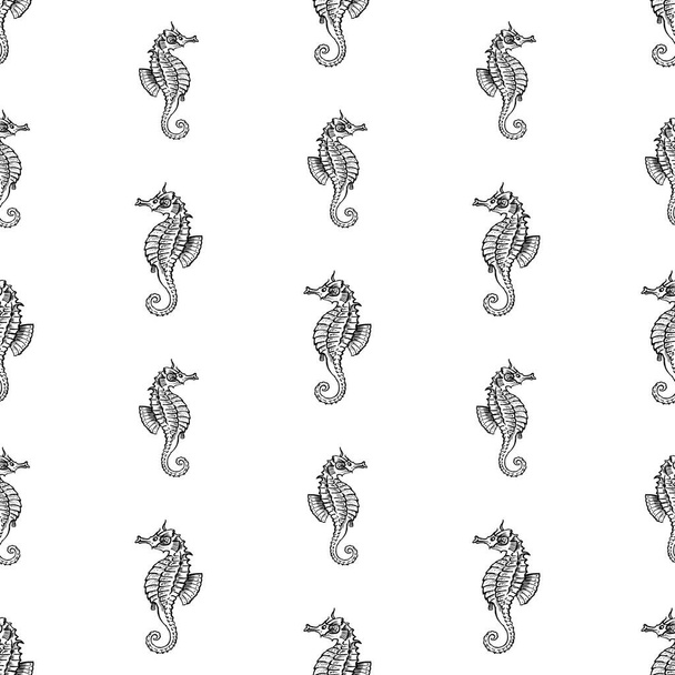 Seamless pattern of sketches cartoon seahorse - Vecteur, image