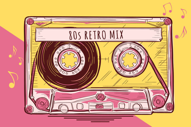 80s retro mix - funky drawn music audio cassette - Vektor, Bild