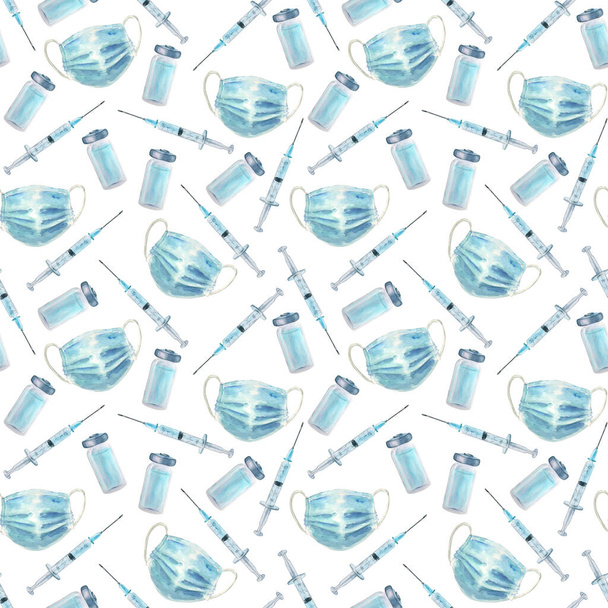 Medical seamless pattern. Watercolor hand drawn medic repeating texture. Face masks, syringes with transparent medicine, glass ampoule vials on white background. Health care and surgical concept. - Photo, Image