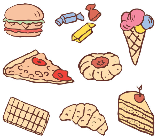 Vector image of a set of different drawn fast food - Vector, imagen