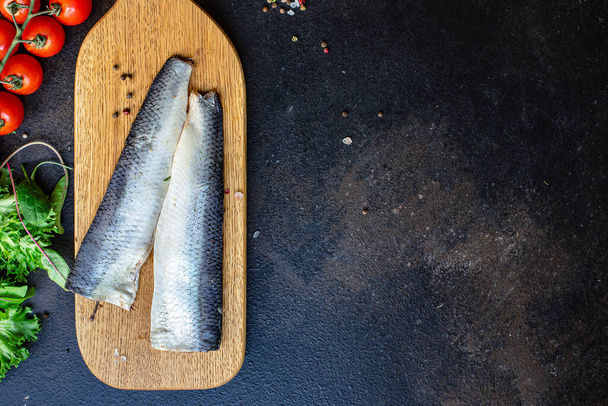 hering hal tenger gyümölcsei összetevők készlet főzés szolgáló méret természetes termék felső nézet hely szöveges másolás tér keto vagy paleo diéta nyers pescetarian  - Fotó, kép