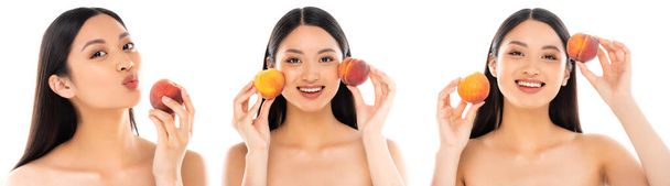 Collage de mujer asiática sosteniendo melocotones cerca de la cara aislado en blanco  - Foto, Imagen