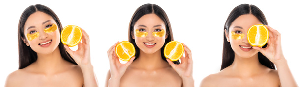 Collage de femme asiatique avec des patchs sur le visage tenant en tranches orange dans les mains isolées sur blanc  - Photo, image