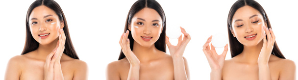 Collage of asian woman applying cosmetic cream on face and touching face isolated on white  - Fotoğraf, Görsel