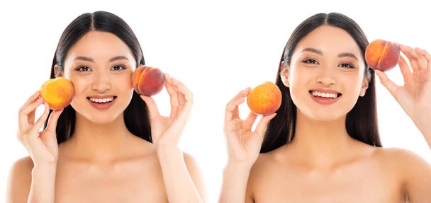 Collage einer asiatischen Frau, die in die Kamera schaut und Pfirsiche isoliert auf Weiß hält  - Foto, Bild