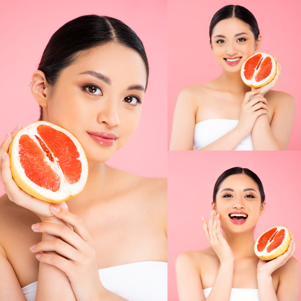 Collage einer asiatischen Frau mit aufgeschnittener Grapefruit und berührendem Gesicht isoliert auf rosa  - Foto, Bild