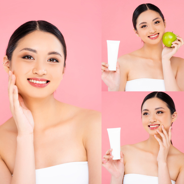 Collage of asian woman holding cream and green apple and touching face isolated on pink  - Фото, зображення