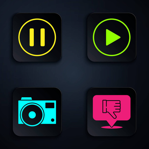 Set Dislike in speech bubble, Pause button, Photo camera and Play in circle. Black square button. Vector - Wektor, obraz