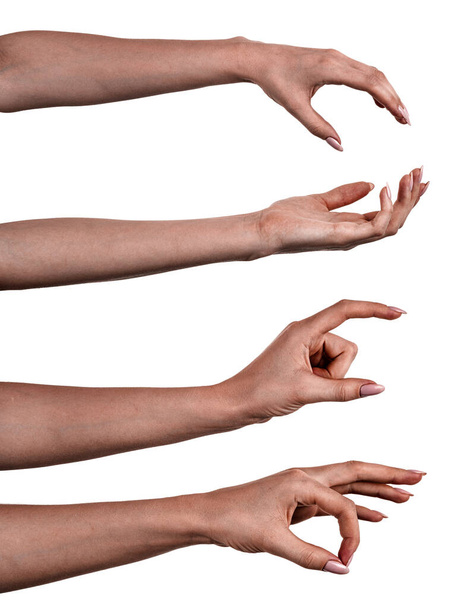 Πολλαπλές εικόνες που γυναικεία μαύρα χέρια απομονώνονται λευκό φόντο που δείχνει διαφορετικές χειρονομίες. Κολάζ χεριών αφρικανικής γυναίκας με μανικιούρ - Φωτογραφία, εικόνα