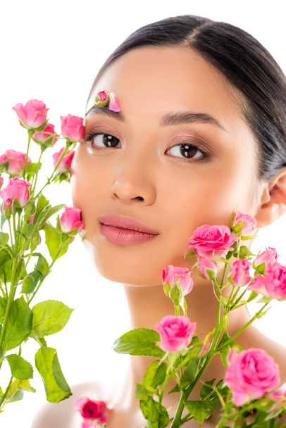 portrait of young asian woman with floral decor on face near pink roses isolated on white - Photo, Image