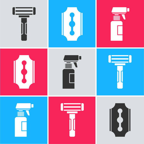 Borotválkozó borotva, Penge borotva és Fodrászati pisztoly spray palack ikon. Vektor - Vektor, kép