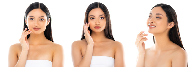 collage van jonge aziatische vrouw aanraken gezicht en kijken naar camera geïsoleerd op wit, panoramisch concept - Foto, afbeelding