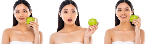 kollaasi emotionaalinen aasialainen nainen tilalla koko omena kun tarkastellaan kameran eristetty valkoinen, panoraama laukaus   - Valokuva, kuva