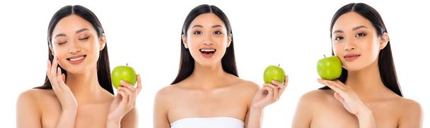 Collage einer brünetten asiatischen Frau, die in die Kamera schaut und ihr Gesicht berührt, während sie grünen Apfel isoliert auf weißem, horizontalem Bild hält - Foto, Bild