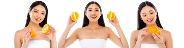 collage di eccitato asiatico donna holding metà di succosa arancia isolato su bianco, panoramica raccolto - Foto, immagini
