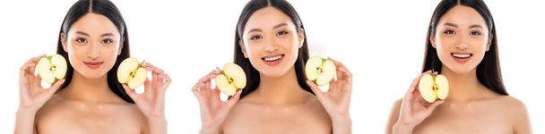 колаж азіатської жінки, що тримає половинки свіжого яблука ізольовані на білому, панорамна орієнтація
 - Фото, зображення